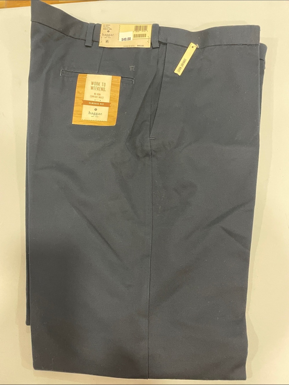 Men’s Haggar work to weekend comfort waist classic khaki pants 44x30 new navy